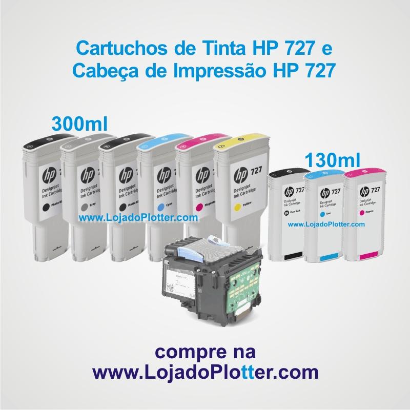 Cartuchos de Tinta HP 727 de 300ml e de 130ml e Cabeçote de Impressão HP 727 para Plotter
