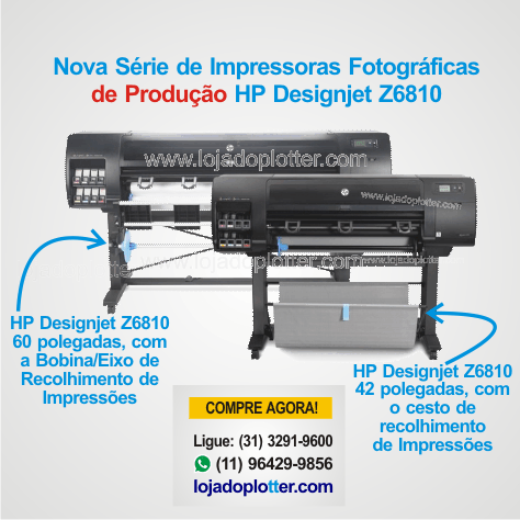 A Impressora Plotter HP Designjet Z6810 esta disponvel em dois modelos. O modelo de 106,7 cm (42") vem com a cesto para recolhimento de impresses. J o modelo de 152,4 cm (60") vem com uma bobina de recolhimento das impresses